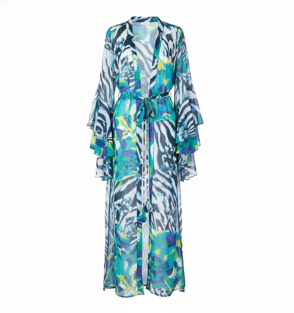Blue Peacock Ruffled Kimono